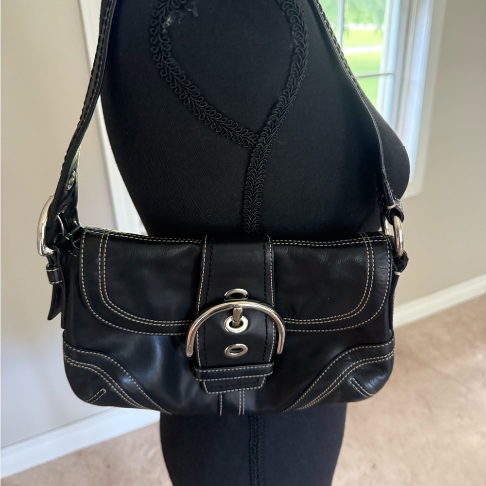 Vintage Coach SoHo small shoulder bag, rich black leather, silver tone buckles.